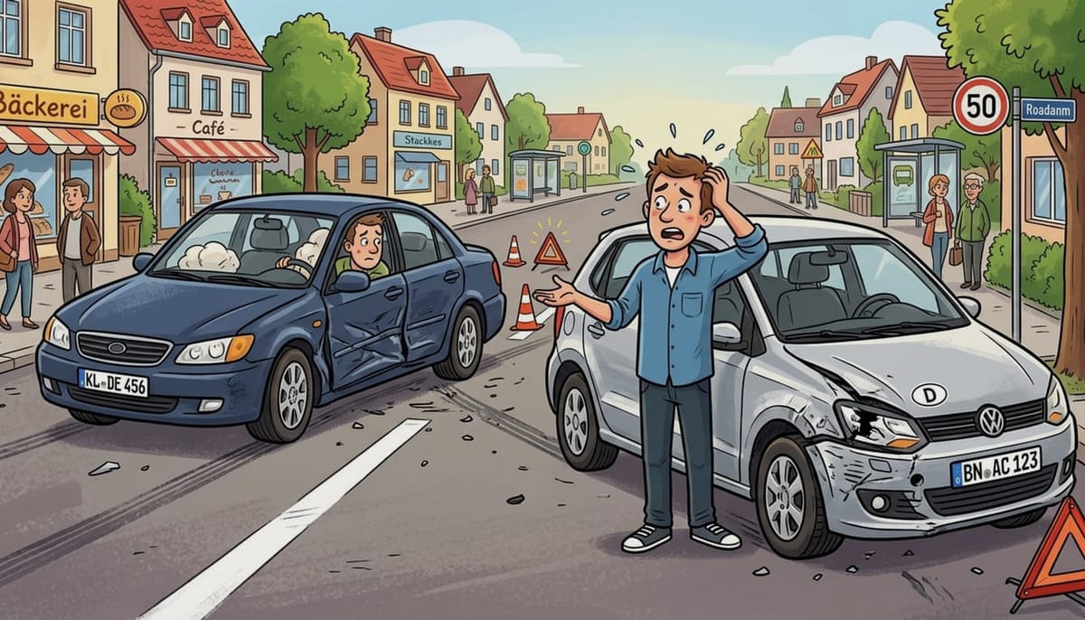 Zwei Fahrzeuge nach einem Auffahrunfall auf einer Ortsdurchfahrt